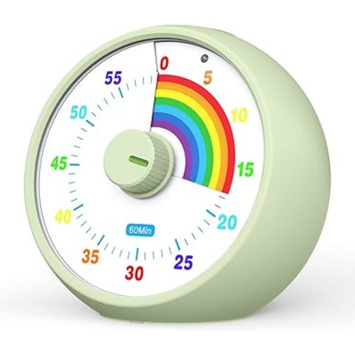 Visual Timer for Kids, 60-Minute Countdown Timer for Classroom Office Kitchen, Desk Timer Kids Time Management Tools with Silent Operation, Pomodoro Time Rainbow Pattern (Grass Green)