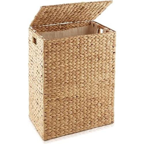 Casafield Large Laundry Hamper with Lid and Removable Liner Bag - Natural, Woven Water Hyacinth Rectangular Laundry Basket Sorter for Clothes and Towels