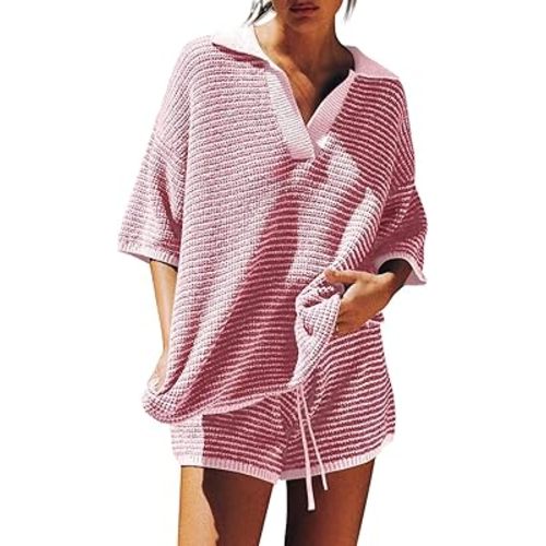 Tankaneo Womens Sweater Set 2 Piece Outfits Oversized 3/4 Sleeve V Neck Knit Tops High Waisted Shorts Lounge Sets