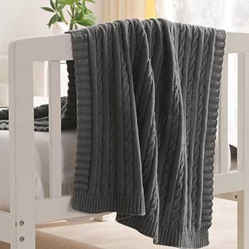 NTBAY 100% Pure Cotton Cable Knit Toddler Blanket 30x40 Inches Grey