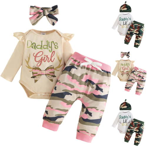 Dakiuu Baby Girls Clothes Newborn Infant Letter Graphic Ruffle Romper and Camo Pants with Cute Headband 3 Pieces Outfit Sets Camouflage 6-12 Months (12M)