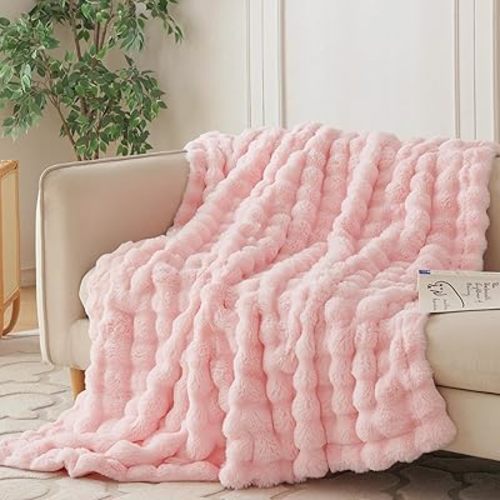 COOVA Faux Fur Throw Blanket for Couch, Cozy Soft and Fuzzy Plush Rabbit Fur Bubble Blanket for Sofa Bedroom Living Room, 60x80 Inches Light Pink