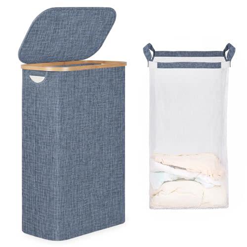 iEGrow 65L Slim Laundry Hamper, Narrow Laundry Basket with Lid,Foldable Clothes Hamper with Bamboo Handles,Hamper Basket with Removable Inner Bag for Laundry Room Bedroom College Dorm,17.17 Gals Blue