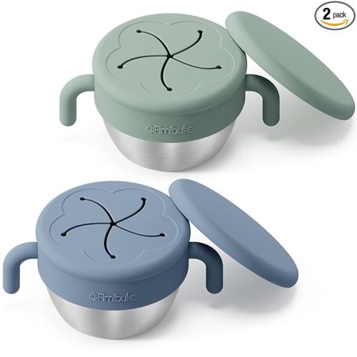 Fimibuke Snack Containers for Toddlers Kids, 12 OZ Spill Proof Stainless Steel Baby Snack Cups with Removable Silicone Food Catcher, Handles & Travel Lid BPA-Free Dishwasher Safe Food Container 2 Pack
