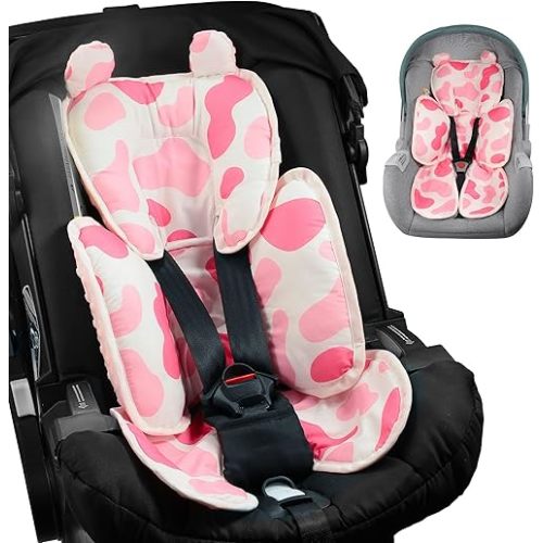 Baby 3in1 Car Seat Head Body Support,Reversible Cotton-Minnky Infant Car Seat Insert Newborn Boys Girls,Soft Breathable Carseat Head Support Pillow Cushion Infant Stroller,Swing,Bouncer(Pink)
