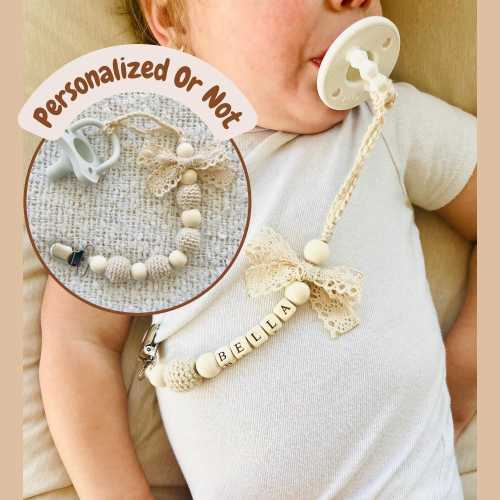 Personalized Baby Gift, Vintage Baby accessories, Baby Keepsake, Girly Baby Shower Gift, Pacifier Clip, Baby Name Chain, Lace Bow Clip