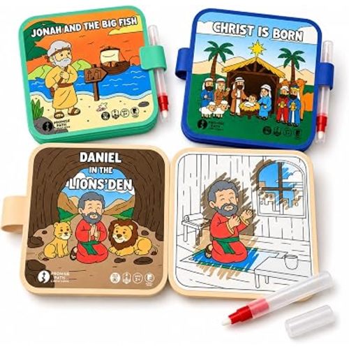 Reusable Bible Story Water Reveal Coloring Book Set for Kids (3 Books, 3 Water Pens) - Mess-Free Christian Activity Series with Noah’s Ark, Jonah, David & Goliath, Daniel, and Christmas Story