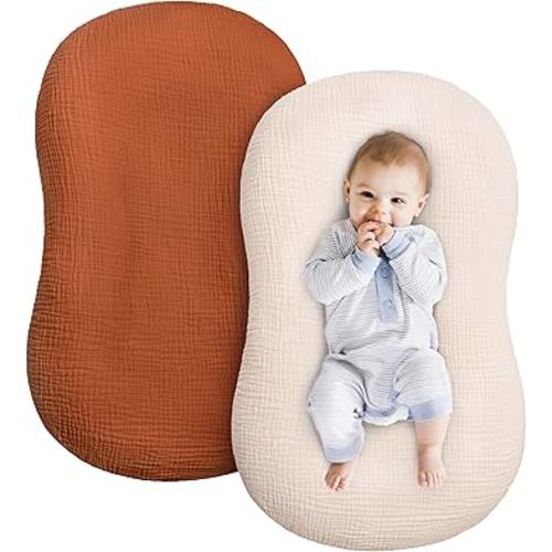 Muslin Baby Lounger Cover 2 Pack, Cotton Soft Breathable Infant Nest Slipcovers, Envelope Closure, Compatible with Snuggle Me Loungers, Machine Washable, Cover Only, for Boys Girls(Brown & Beige)