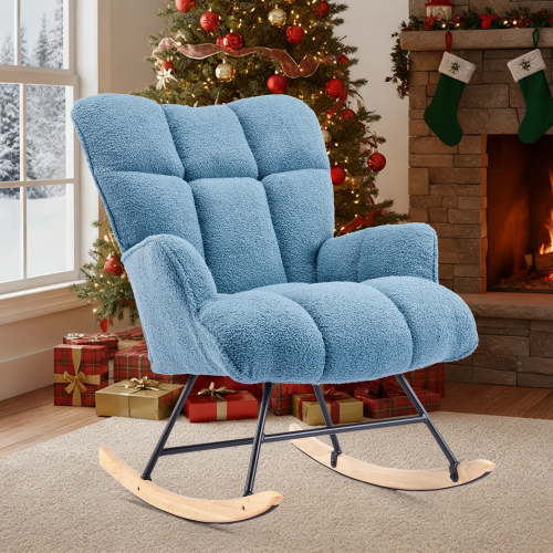 SAETSFEG Nursery Rocking Chair, Upholstered Teddy Glider Rocker with High Backrest, Comfortable Accent Armchair with Padded Seat, Light Blue