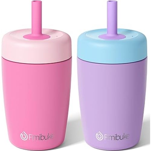 Fimibuke Kids & Toddler Cups Spill Proof, 12 OZ Insulated Sippy Cups for Toddlers Boys Girls, BPA-Free Toddler Straw Tumbler, Stainless Steel Kids Water Bottle with Twist Lids & Silicone Straw, 2 Pack