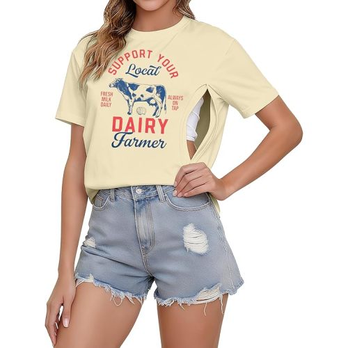 UNIQUEONE Comfort Breastfeeding Shirts for Women Zip Nursing Tops Casual Distressed Acid Washed Maternity Tees