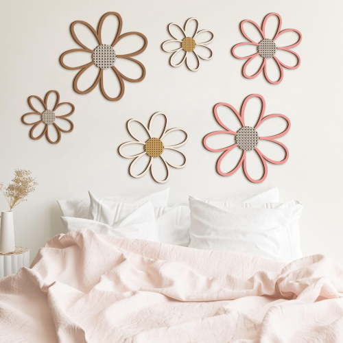 6Pcs Wood Wall Art with 3D Layered Cutouts and Texture for Nursery Bedroom Living Room and Boho Floral Hanging 6PCS,25 cm,Pink