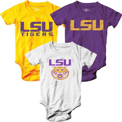 Wes and Willy Baby 3 Pack of Rompers (LSU, 6 Month)