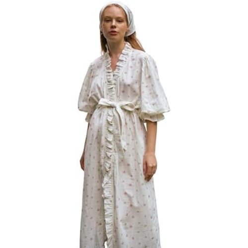 NOTHING FITS BUT 100% Cotton Muslin Gauze Maternity Robe, Nursing & Delivery Gown with Adjustable Belt & Puffed Sleeves