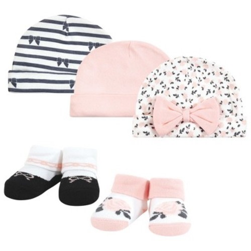 Hudson Baby Infant Girl Cap and Socks Set, Berry Floral, 0-9 Months