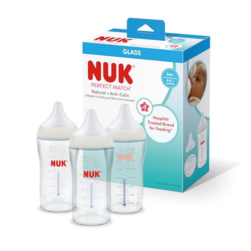 NUK Perfect Match Glass Natural + Anti-Colic Bottle, 8 oz. Glass Baby Bottles with SafeTemp Temperature Indicator, Newborn Essentials, 3-Pack