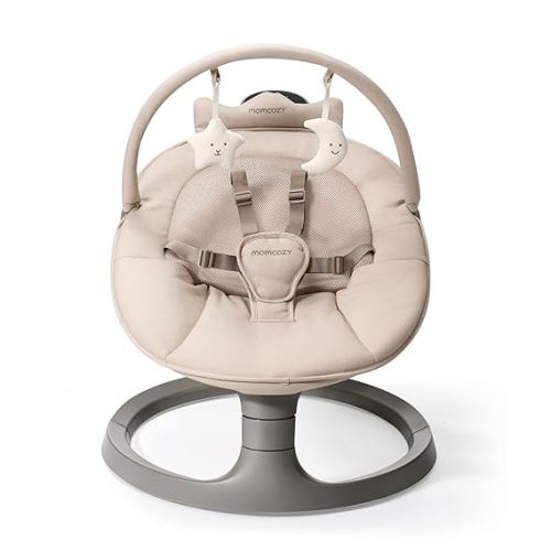 Momcozy 2-in-1 Electric Baby Swing, Dual-Arm Support System & Parent-Inspired Motions, Convertible to Toddler Seat up to 66 lbs, Adjustable Height, Lightweight, Khaki