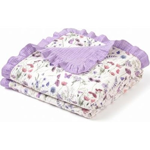 Flounce Muslin Baby Blanket for Girls Boys, 100% Cotton, Floral