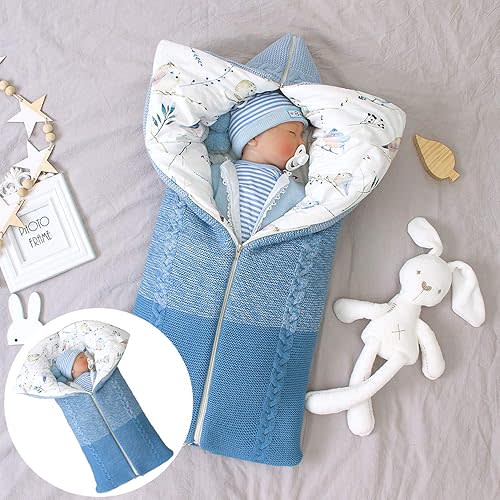 Stroller Blanket Newborn Baby Swaddle Sack Knitted Crochet Hooded Baby Sleep Sack Boy or Girl Swaddle Wrap for 0-6 Months Baby Receiving Blankets,Sleeping Bag