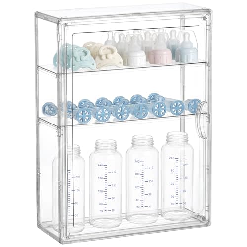 HBlife Baby Bottle Storage Organizer for Countertop Cabinet, 3 Tiers Adjustable Clear Acrylic Bottles Storage Station Case Box Container with 2 Removable Dividers and Magnetic Door, Medium