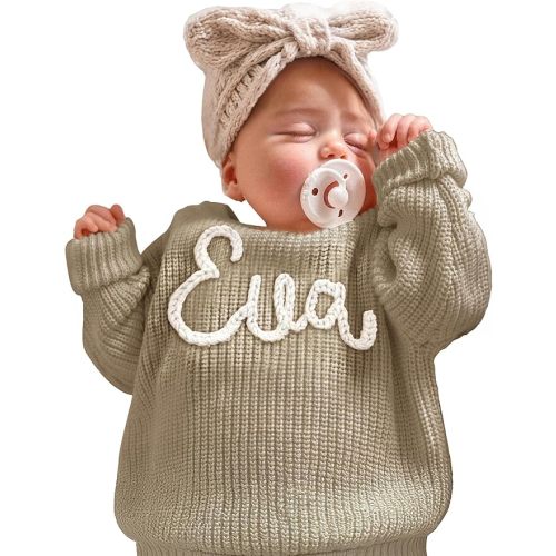 Personalized Baby Knit Sweater, Custom Baby Sweater with Hand-Embroidered Name and Monogram, Customized Unique Gift for Baby