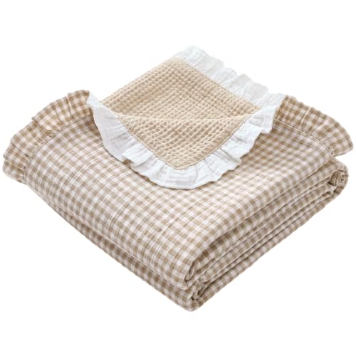 Muslin Baby Blanket Gingham Cotton Swaddle Blanket Newborn 40 x 36in, Khaki | Ruffle Muslin Swaddle Blankets Toddler, Breathable Lightweight Soft Baby Blanket Gift, Nursery Baby Newborn Infant Supplies