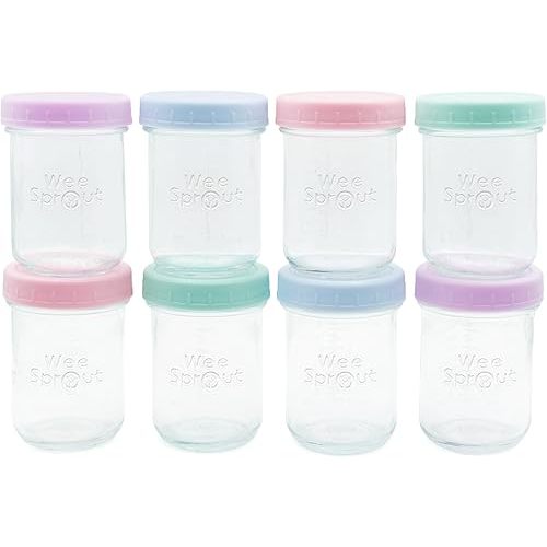 WeeSprout Baby Food Storage Glass Jars w/Lids (8 oz, 8 Pack) Pastel Variety, Snack, Reusable Small Containers, Fridge or Freezer, Microwave & Dishwasher Safe, Essentials for Infants