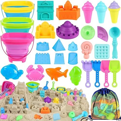 Collapsible Beach Toys for Kids Toddlers, 3 Foldable Buckets and Shovels Set, Sand Castle Building Kit, Ice Cream Travel Sand Toys for Sandbox & Mesh Bag, Beach Essentials for Boys Girls Age 3-10