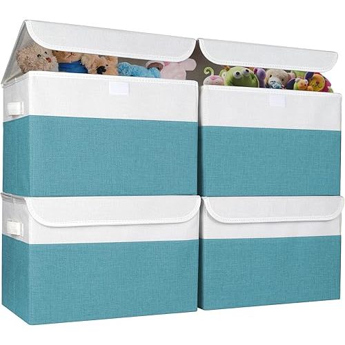 Large 22 Quart Linen Fabric Foldable Storage Bin Cube Organizer Basket with Flip-Top Lid & Handles, Clothes Blanket Box for Home, Office, Closet, Teal & White, 4 Pack 14.6 x 9.5 x 9.5