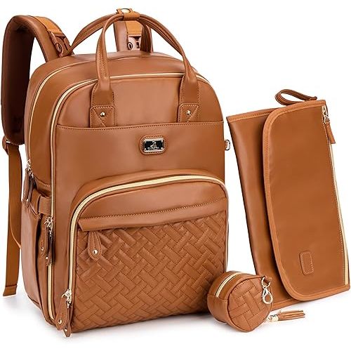 Dikaslon Leather Diaper Bag Backpack with Portable Changing Pad, Pacifier Case and Stroller Straps, Large Unisex Baby Bags for Boys Girls, Multipurpose Travel Back Pack for Moms Dads, Dark Brown
