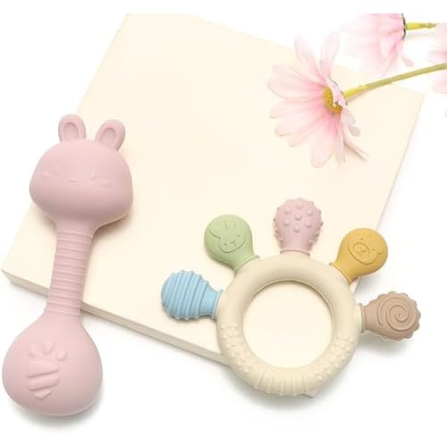 Baby Teether and Rattle Toy Set, BPA-Free, Food-Grade Silicone, Easy-Grip Teething Rattle for Babies, Soothing Teething Toy, Infant Sensory Toy for 3-24 Months (Cat)