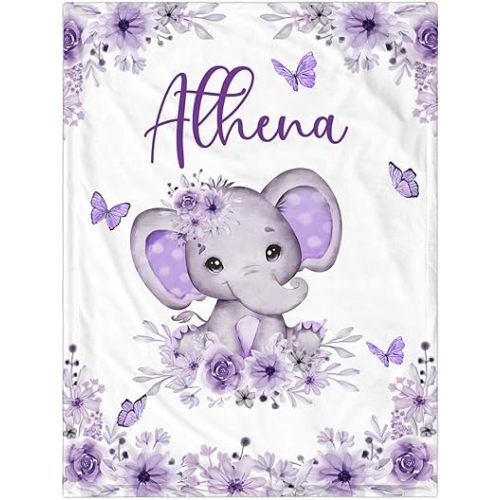 Personalized Baby Blanket for Girls, Custom Baby Blanket with Name, Soft Cozy Personalized Name Blankets for Kids, Custom Elephants Blankets for Infant Toddler Birthday Christmas