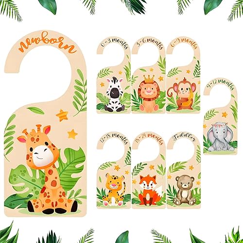 8Pcs Wooden Baby Closet Dividers, Wooden Nursery Hanger Dividers Cute Wooden Closet Dividers with Animal Patterns,Double-Sided Baby Wardrobe Divider for Baby Clothes Sorting & Nursery Decor