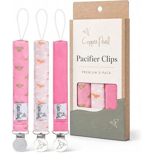 Copper Pearl 3-Pack Pacifier Holders: Premium Knit Binky Clips for Baby Girls and Boys - Stylish Stainless Steel Design for Secure No-Drop Attachment - Wonder Woman