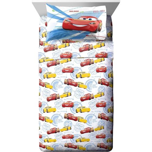 Jay Franco Kids Sheet Set with Fitted, Flat Sheets & Pillow Cover - Ultra-Soft Bedding with Pillowcase for Room Decor, White - Cars, 3 Piece Twin