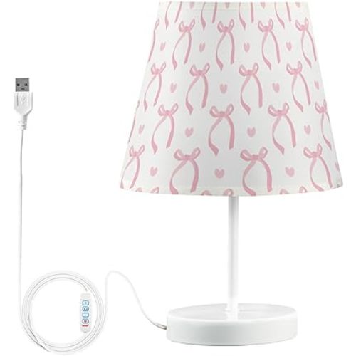 Ribbon Bow Pale Table Lamp Pink White Bedside Lamps LED Night Light with USB Charging Port Dimmable for Bedrooms, Living Rooms,Kids Room, Study Rooms, Offices, Dorm