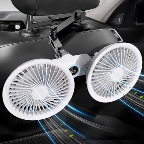 Car fan for Backseat Kids, Rechargeable Battery Powered USB Fans for Car with LED Display, Powerful 3 Speeds 360° Rotation Headrest Dual Head Cooling Car Seat Fan for Baby Rear Facing for SUV Truck