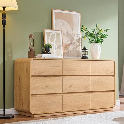 Natural Dresser for Bedroom with 9 Drawers, 57" Wide Modern Drawers with Curved Design, Wood Drawer Organizer for Living Room, Hallway