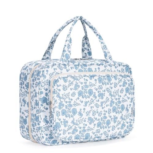 Narwey Travel Toiletry Bag for Women Large Hanging Makeup Bag Organizer Toiletries Bag for Full Size Essentials Accessories Cosmetics (Blue Flower (Large))