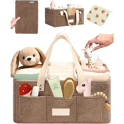 Baby Diaper Caddy Organizer with Portable Changing Mat and Bear Burp Cloth - Teddy Fleece Diaper Organizer for Changing Table - Baby Basket for Diaper Changing Essentials - Taupe