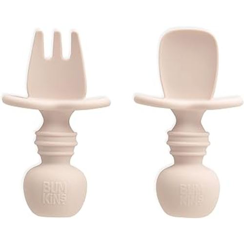 Bumkins Baby Utensils Set, Chewtensils Silicone Spoons for Dipping, Self-Feeding, Baby Led Weaning, Trainer Learning, First Stage Eating, Soft Practice Fork and Spoon, Babies 6 Months, Sand Beige