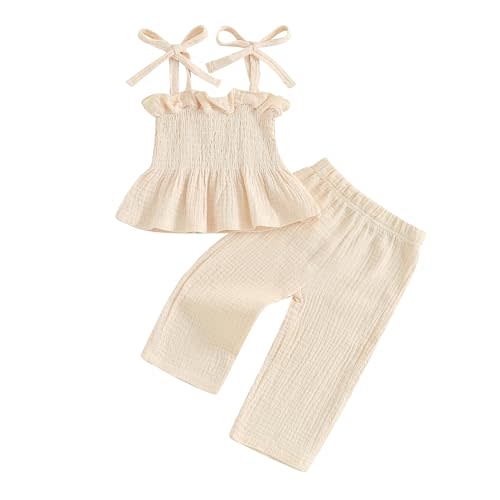 VISGOGO Infant Baby Toddler Girls Clothes Solid Color Sleeveless Camisole Linen Pants Set Baby Summer Outfits