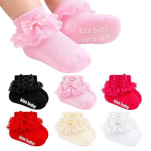 Baby Girl Ruffle Socks with Grips Bowknot Non Slip Cotton Lace Dress Socks Newborn Infant Toddler Kids Gift Set