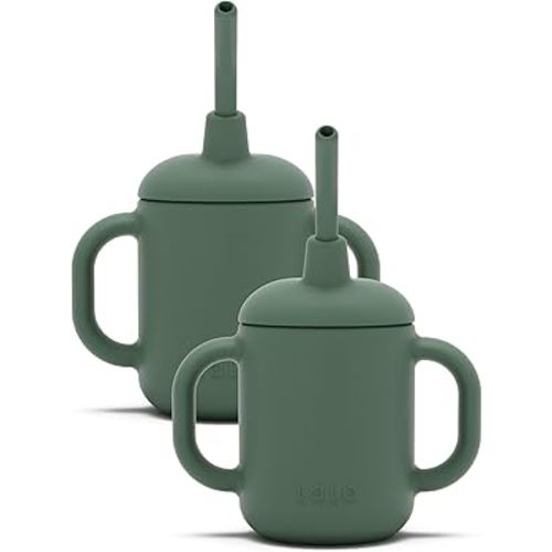 Lalo Little Cup 2-Pack, Non-Toxic Silicone Straw Cup with Handles - Baby and Toddler Sippy Cup - Mini Cup and Straw Training System, 4oz, Olive