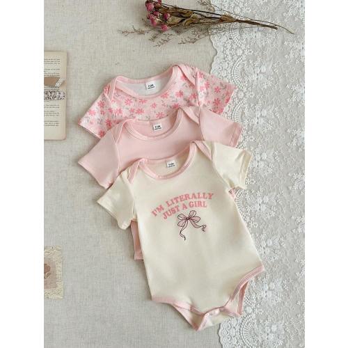 SHEIN Baby Girl Cute And Comfortable Three Pieces Short-Sleeved Baby Girl Bodysuit With Floral Print And English Letter Flower Embroidery On The Chest | SHEIN USA