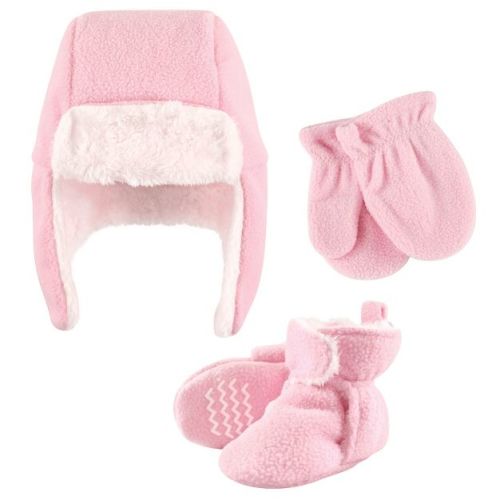 Hudson Baby Infant Girls Trapper Hat, Mitten and Bootie Set, Light Pink, 12-18 Months