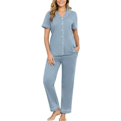 Veseacky 100% Cotton Pajamas for Women Set Short Sleeve Button Down Sleepwear Soft 2 Piece Summer Pjs Lounge Sets S-XXL