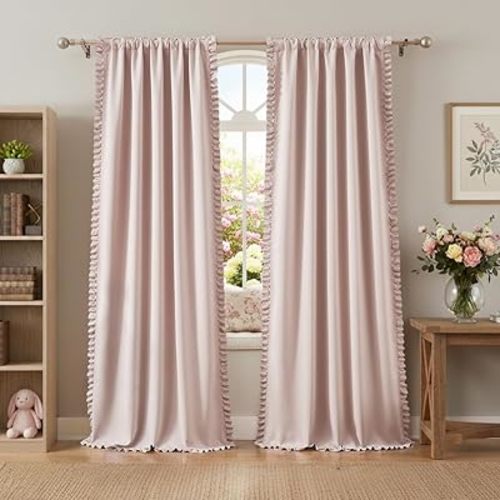 Jubilantex Pink 80% Blackout Curtains with Ruffle Heavy Solid Thermal Insulated Window Treatment Set Soft Drapes for Bedroom Living Room Light Blocking Rod Pocket Curtain, 40Wx63L, 2 Panels