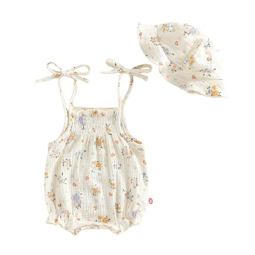 Sasaerucure Newborn Infant Baby Girl Summer Outfit Sleeveless Strap Onesie Floral Romper Smocked Bubble + Hat