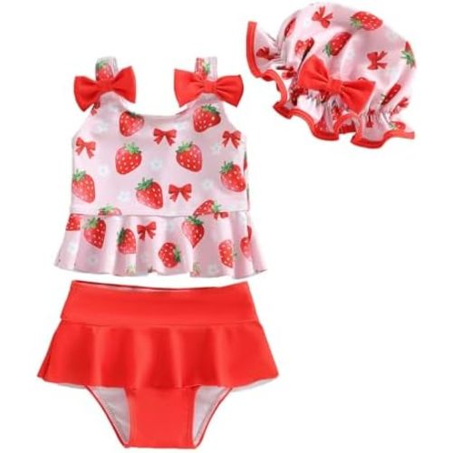 Infant Baby Girl Swimsuit Toddler Bathing Suit Sleeveless Bikini Top Ruffle Shorts with Hat Beach Swimwear